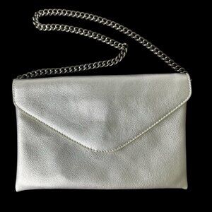 J Crew Silver Leather Envelope Clutch Chain Shoulder Strap Purse Bag 51632